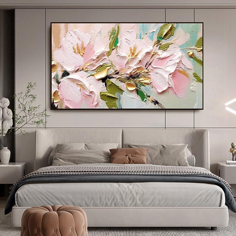 Hand painted 3D Flower Textured oil painting  Wall Art Abstrat Pink Gold Flowers Painting On Canvas Floral painting Wall Decor for Living Room Wall Art Spring Decor3
