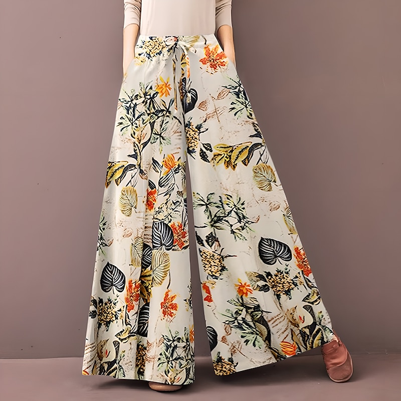 Women's Normal Culottes Wide Leg Wide Leg Pants Trousers Fashion Full Length Mid Waist Flower / Floral Side Pockets Baggy High Cut Comfort Inelastic Casual Weekend Yellow Red Deep Blue Summer Spring 5