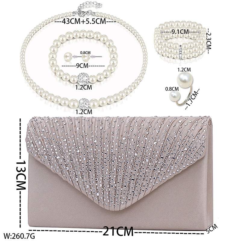 Bride Pearl Bracelet Necklace Earring Ring Handheld Bag Jewelry Set with 6 Diamond Set for Ladies2