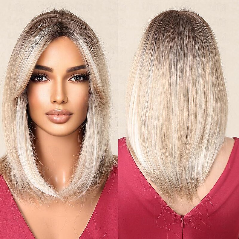 Blonde Wig with Bangs Short Wavy Ombre Blond Wigs with Dark Roots for Women Synthetic Heat Resistant Hair Natural Looking Cute Wigs for Carnival/Christmas/Cosplay/Party