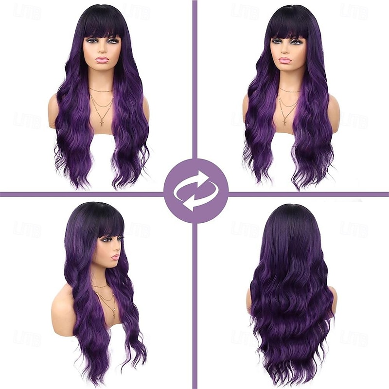 Purple Wig With Bangs Black and Purple Wig Long Curly Wavy Wig with Dark Roots Heat Resistant Synthetic Ombre Wigs for Women Daily Party Use3