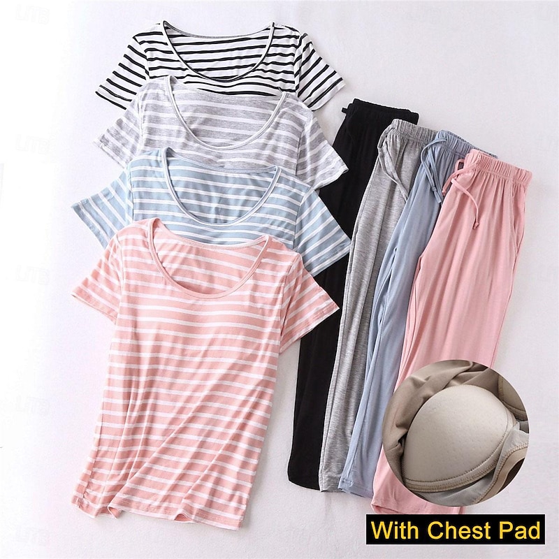 Women's Pajamas Sets Stripe Fashion Comfort Home Daily Bed Modal Breathable Crew Neck Short Sleeve T shirt Tee Pant Elastic Waist Chest pads Summer Home Outfits
