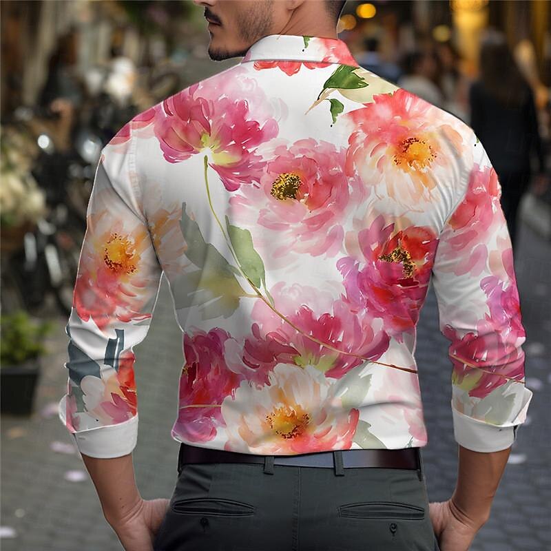Valentine's Day Men's Rose Floral Shirt Button Up Shirt Long Sleeve Casual Daily Wear Going out Spring Turndown Print Button-Down Pink Blue Purple2