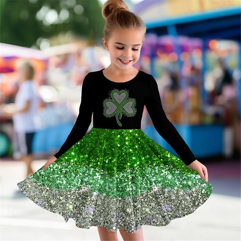 St. Patrick Girls' 3D Four Leaf Clover Dress Long Sleeve 3D Print Spring Fall Sports & Outdoor Daily Holiday Cute Casual Beautiful Kids 3-12 Years Casual Dress A Line Dress Above Knee Polyester