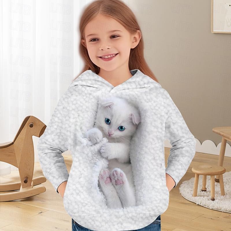 Girls' 3D Cat Hoodie Pullover Long Sleeve 3D Print Spring Fall Active Fashion Cute Kids 3-12 Years 4-12 Years Hooded Outdoor Casual Daily Regular Fit2