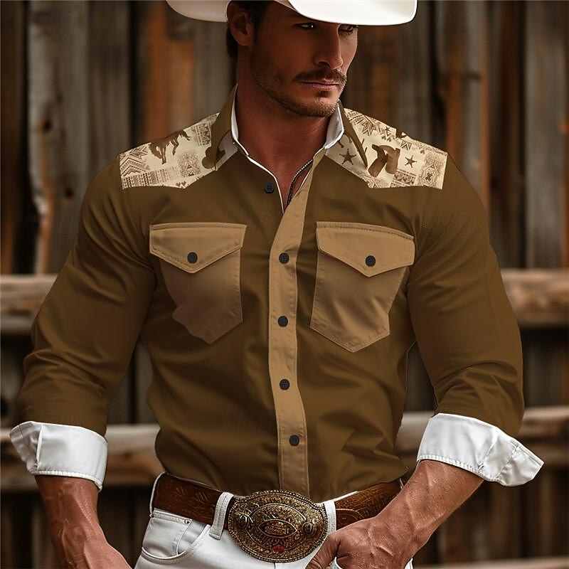 Men's Aztec Tribal Ethnic Western Shirt Cowboy Shirt Long Sleeve Vintage Western Style Daily Wear Going out Weekend Spring & Summer Turndown Pocket Print Button-Down Navy Blue Brown Coffee