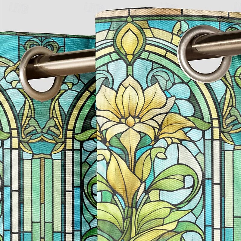 2 Panels 100% Blackout Curtain Stained Glass Pattern Curtain Drapes For Living Room Bedroom Kitchen Window Treatments Thermal Insulated Room Darkening3