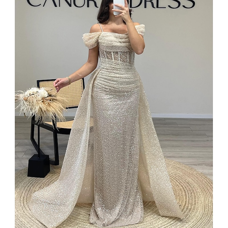 Sheath Prom Dresses Elegant Dress Formal Prom Floor Length Short Sleeve Off Shoulder Sequined with Glitter Ruched Masquerade Dress