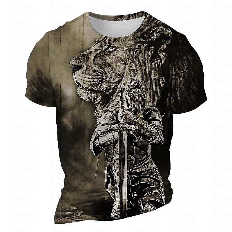 Men's Graphic Lion Knights Templar Gothic Horror T Shirt Short Sleeve T shirt 3D Print Crew Neck Shirt Gothic Subculture Sports Outdoor Holiday Going out Burgundy Blue Purple Spring & Summer Clothing