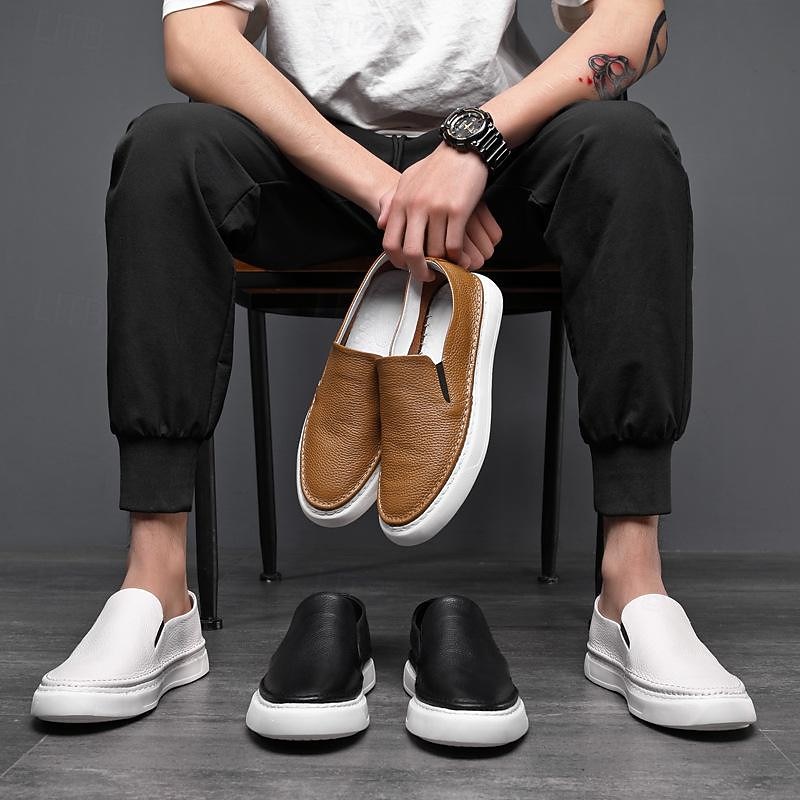 Men's Black Leather Slip-On Sneakers with Cushioned White Sole and Minimalist Design, Casual Loafers for Work, Travel and Everyday Wear3