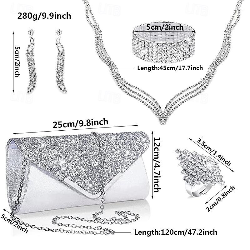 Bride Fashion Diamond Necklace Earrings Bracelet Ring Pu Sequin Handheld Bag Dinner Bag Set of Five2
