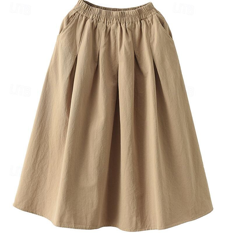 Women's Skirt Swing Basic Casual Midi High Waist Skirts Solid Colored Pocket Casual Daily Weekend Black White Green Khaki Summer Cotton Linen2
