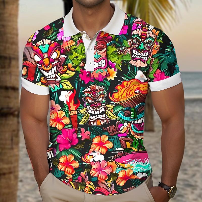 Kentucky Derby Men's Tiki Golf Shirt Short Sleeve Polo Shirts Collared Shirts Casual Beach Wear Vacation Wear Tropical Wear Party Outfits Buttons 3D Print Summer Yellow Pink Purple3