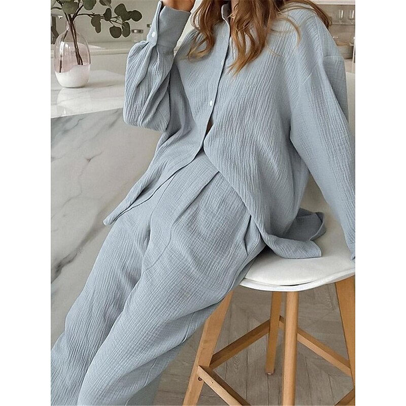 Women's Loungewear Sets Pure Color Simple Basic Street Daily Cotton And Linen Breathable Lapel Long Sleeve Shirt Pant Button Summer Spring Home Outfits4