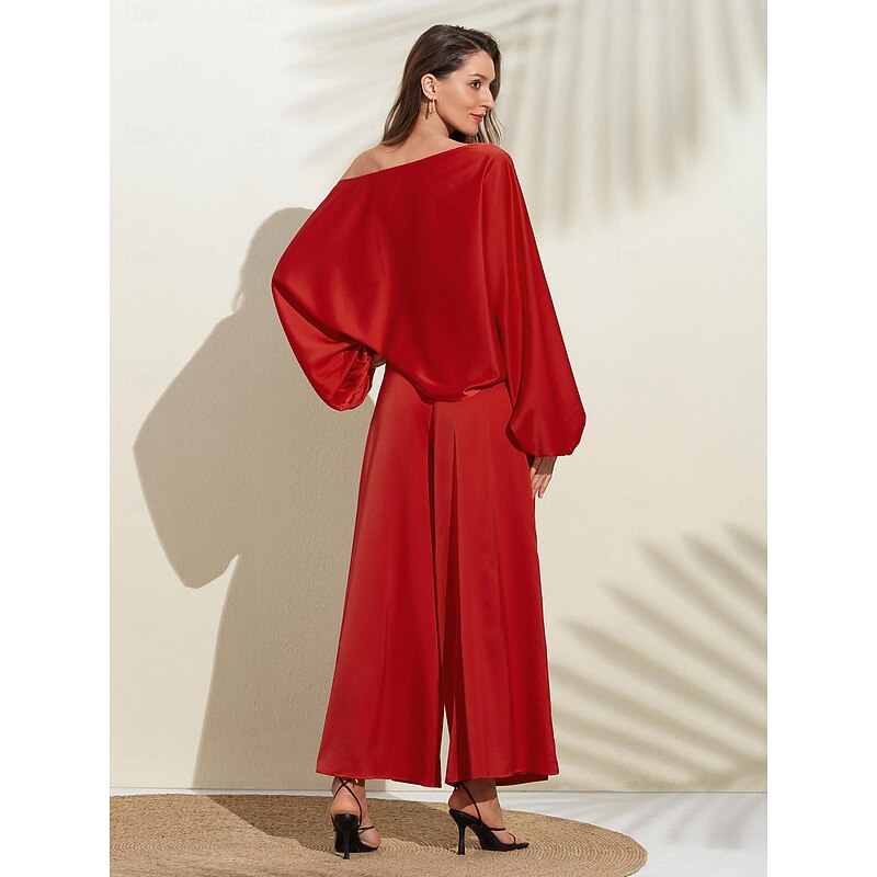 Satin Solid Puff Sleeve Cold Shoulder Culottes Suit2
