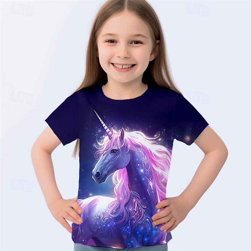 Girls' 3D Unicorn Tee Shirt Pink Short Sleeve 3D Print Summer Active Fashion Cute Polyester Kids 3-12 Years Crew Neck Outdoor Casual Daily Regular Fit2