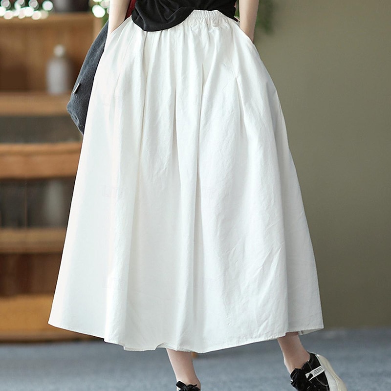 Women's Skirt Swing Basic Casual Midi High Waist Skirts Solid Colored Pocket Casual Daily Weekend Black White Green Khaki Summer Cotton Linen4