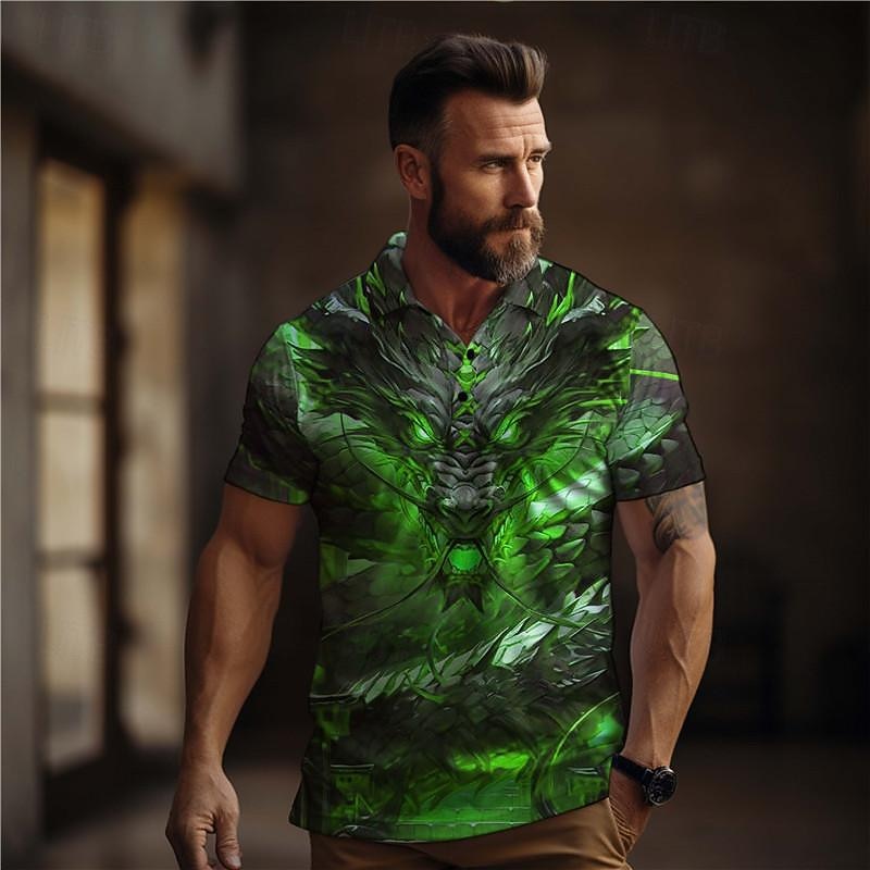 Men's Dragon Golf Shirt Short Sleeve Polo Shirts Collared Shirts Casual Funny Vacation Wear Party Outfits Buttons 3D Print Summer Yellow Wine Red3