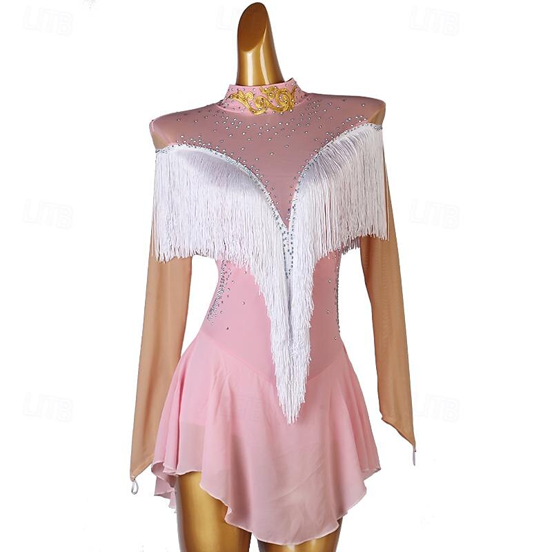 Dance Salsa Latin Dance Dress Rhinestone Tassel Women's Girls' Performance Training Long Sleeve High Spandex Tulle2