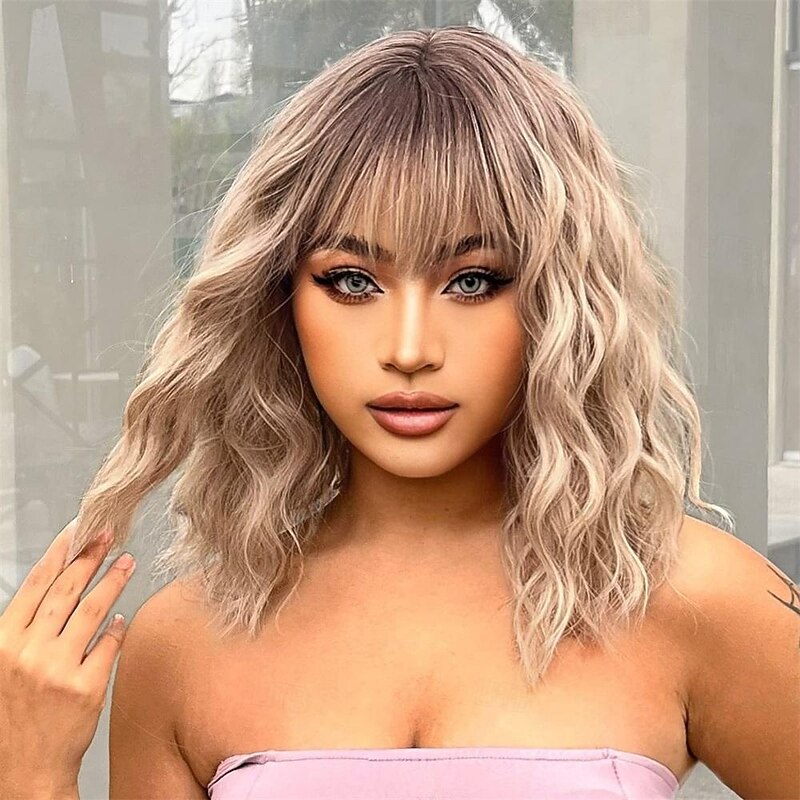 Short Ombre Blonde Wig With Bangs Shoulder Length Curly Wavy Bob Wig for Women Natural Looking Synthetic Curly Blonde Bob Wig for Party and Daily Wear