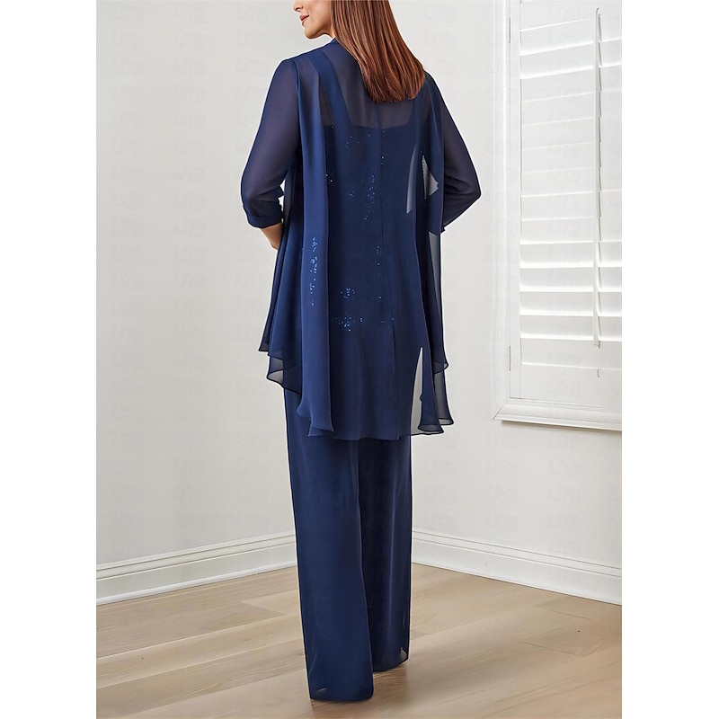 Pantsuit 3 Piece Mother of the Bride  Formal Wedding Guest Elegant Square Neck Floor Length Chiffon Sequined 3/4 Length Sleeve with Sequin Appliques2