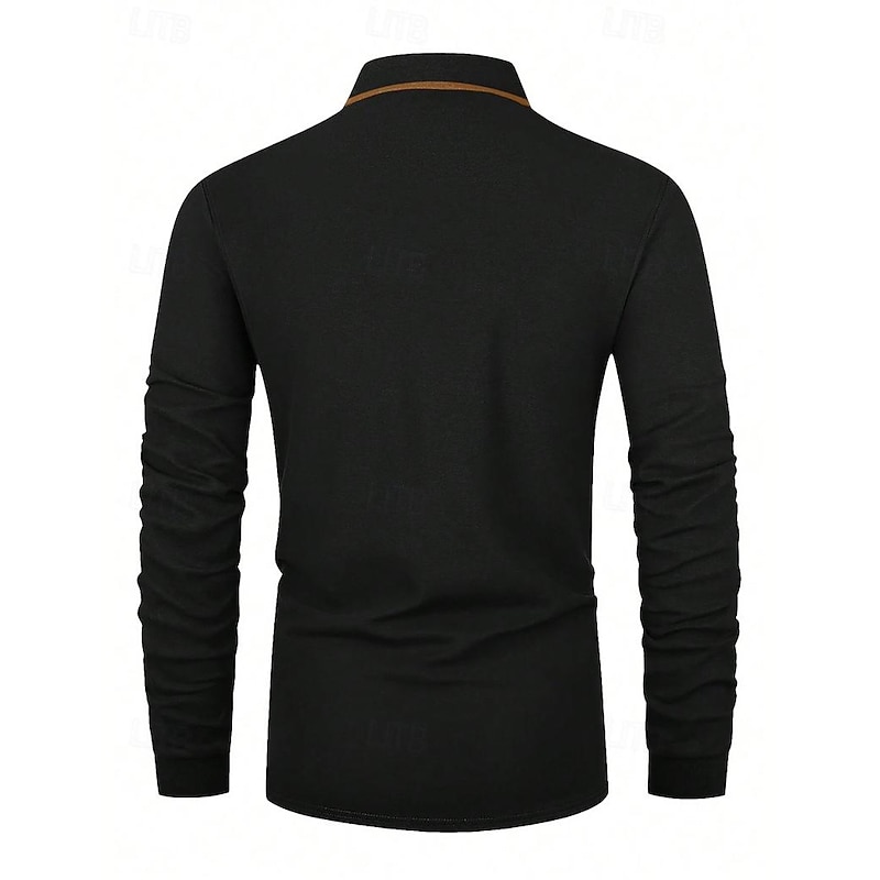 Men's Polo Shirt Button Up Polos Casual Sports Lapel Long Sleeve Fashion Basic Color Block Patchwork Button Spring &  Fall Regular Fit Black Polo Shirt4
