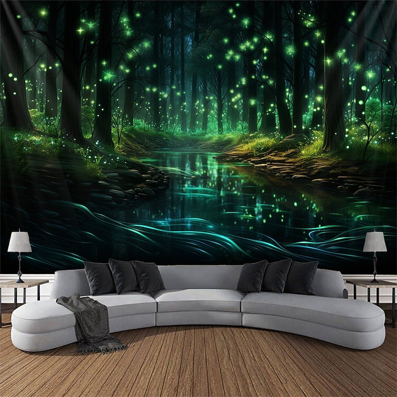 Blacklight Tapestry UV Reactive Glow in the Dark Lamp Post Trippy Misty Nature Landscape Hanging Tapestry Wall Art Mural for Living Room Bedroom Glow Party3