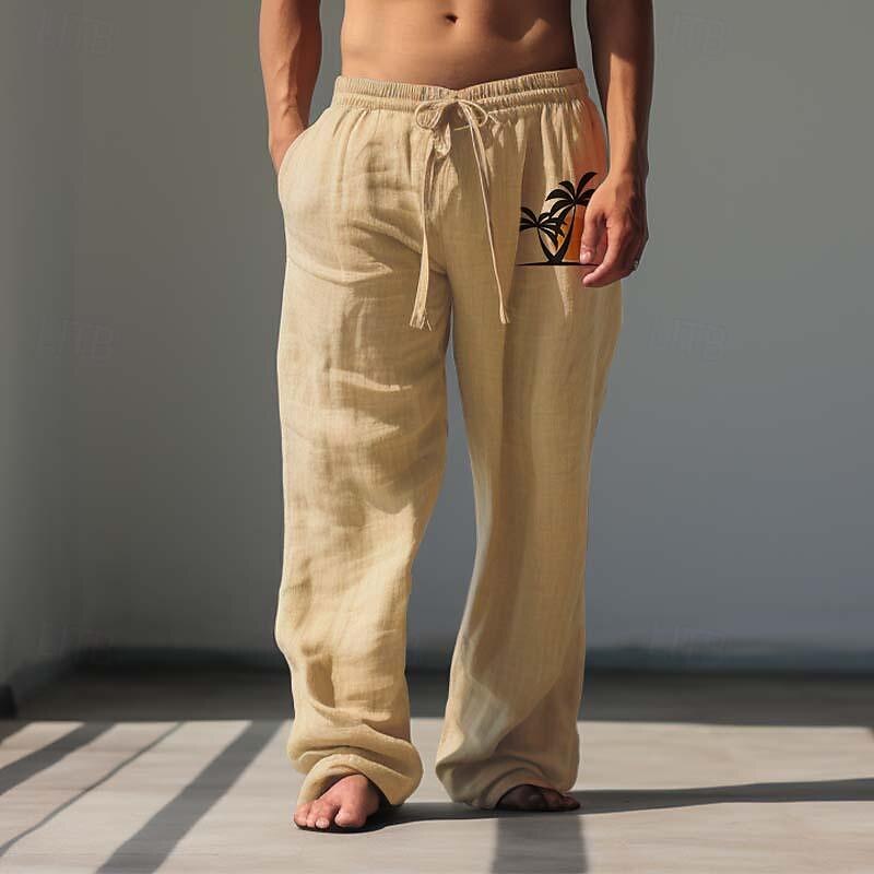 Coconut Tree Men's Hawaiian Cotton Pants Trousers Daily Wear Vacation Going out Mid Waist Elasticity Pants3