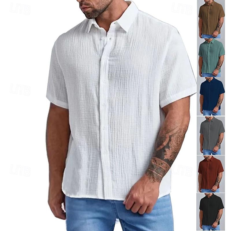 Men's Summer Shirt Casual Shirt Beach Shirt Button Up Shirt Black White Wine Brown Green Short Sleeve Plain Lapel Vacation Hawaiian Button-Down Clothing Apparel Polyester Fashion Casual Comfortable