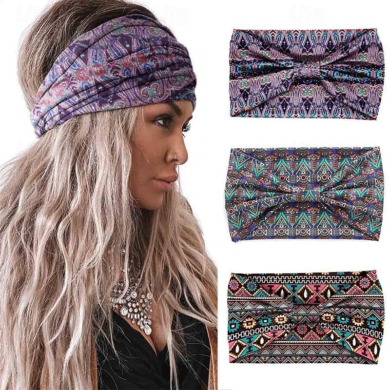 Aceorna Boho Headbands Wide Knotted Hairbands Stretch Printed Head Bands Bohemia Head Wraps for Women and Girls