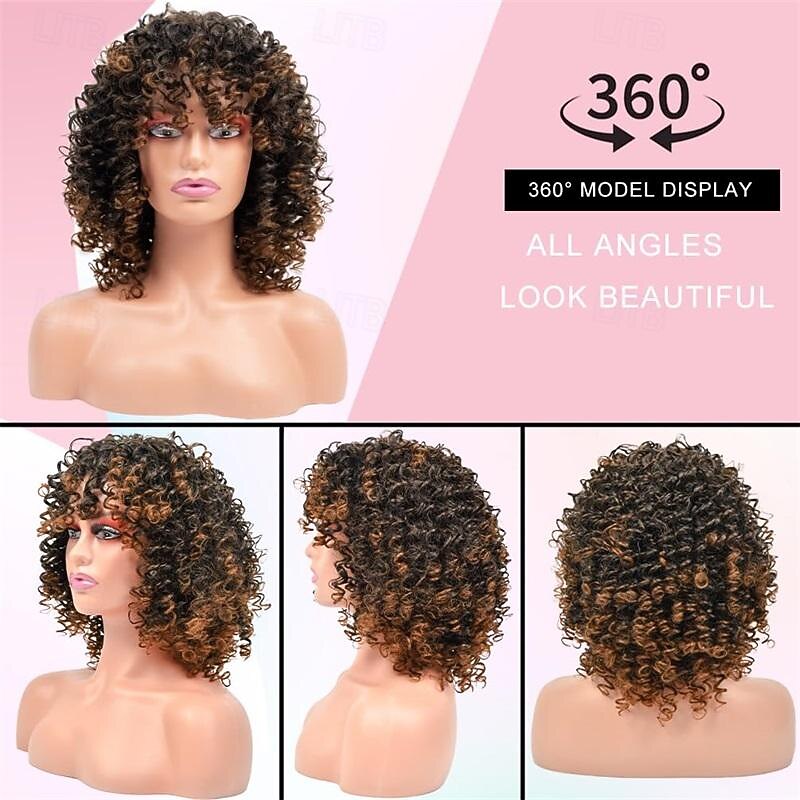Short Curly Wigs for Black Women - Ombre Brown Color Afro Curly Synthetic Wigs with Bangs Halloween Wigs3