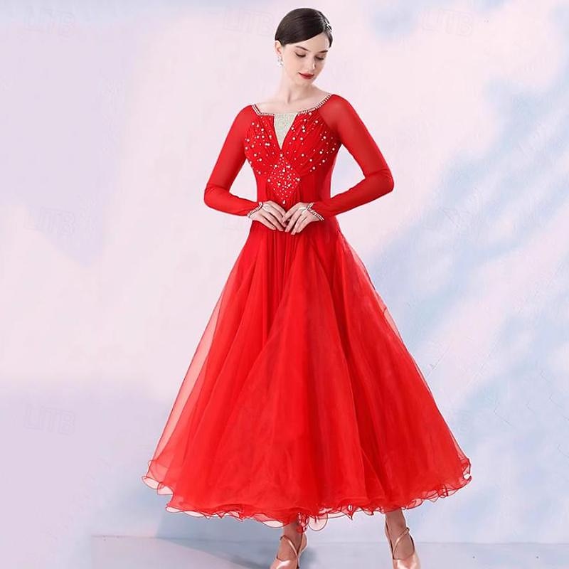 Ballroom Dance Dress Splicing Crystals / Rhinestones Women's Performance Party Long Sleeve Mesh Spandex Organza3