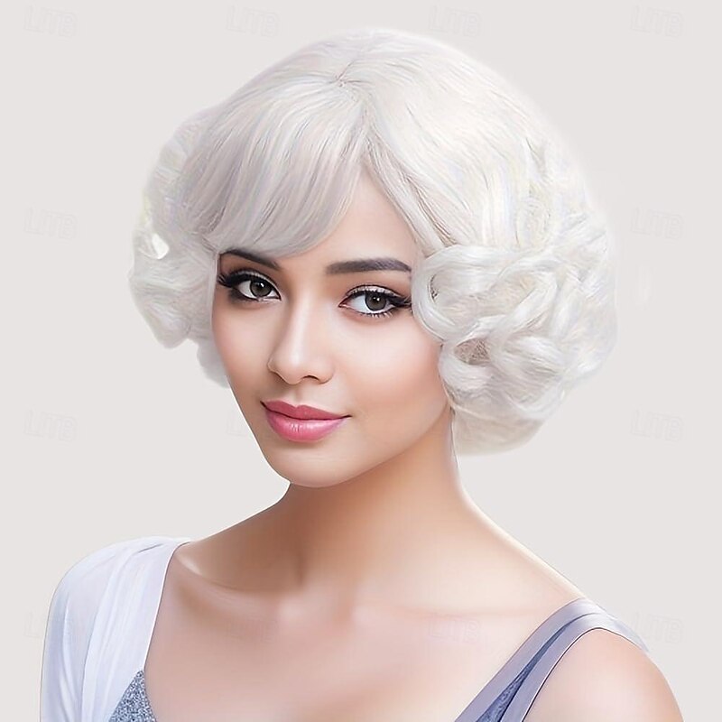 Short Curly White Women Wig with Bangs Heat Resistant Synthetic Hair Water Wave Womens Wigs for Old Lady Cosplay Daily 20s Costume Anime Carnival Halloween Wigs