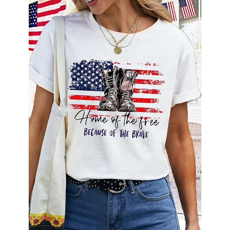 Women's Patriotic  T Shirt American Flag National Flag Fashion Basic Short Sleeve Crew Neck Regular Tops Casual Weekend Print White Pink Summer