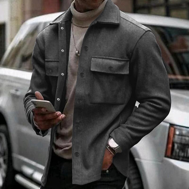 Men's Shirt Jacket Transition Jacket Daily Lightweight Pocket Spring Plain Streetwear Lapel Regular Black Light Grey Dark Gray Jacket2