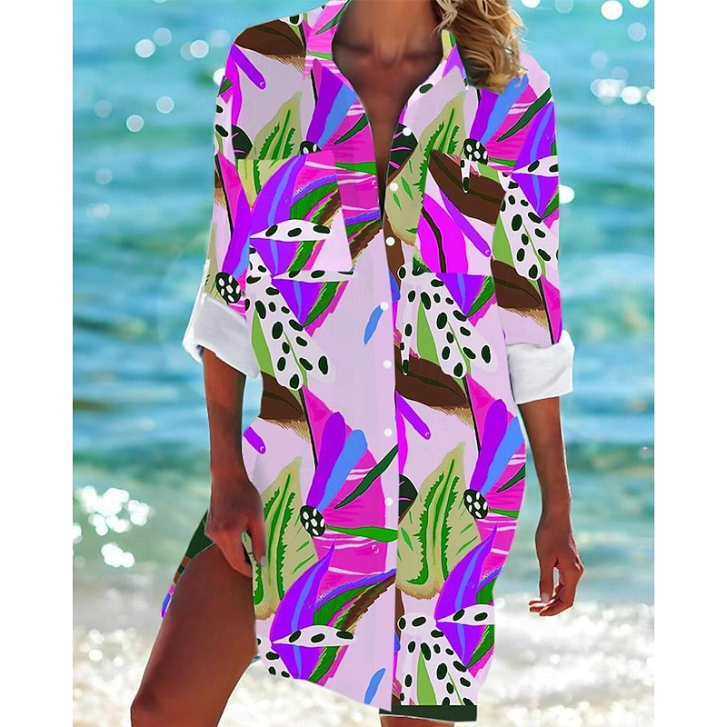 Women's Mini Dress Shirt Dress Hawaiian Shirts  Flowy  Fashion Buttons Print Long Sleeve Long  Shirt Collar Casual Holiday Beach Yellow Red Blue Purple Green Summer Holiday Clothes Beach Wear