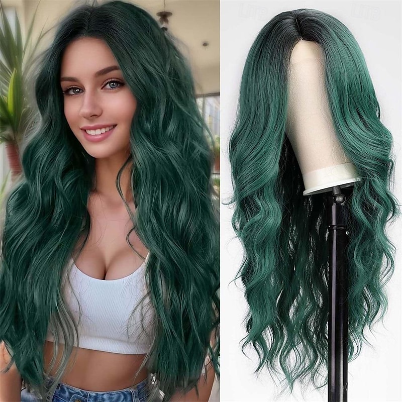Long Ombre Green Wavy Wig for Women 26 Inch Middle Part Curly Wig Natural Looking Synthetic Heat Resistant Fiber Wig for Daily Party Use St.Patrick's Day Wigs Halloween Wigs