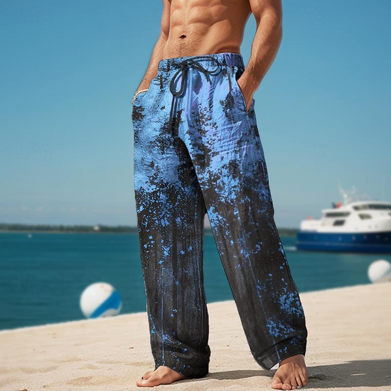 Splash Ink Men's Resort 3D Printed Casual Pants Trousers Elastic Waist Drawstring Loose Fit Straight-Leg Summer Beach Pants S TO 3XL3
