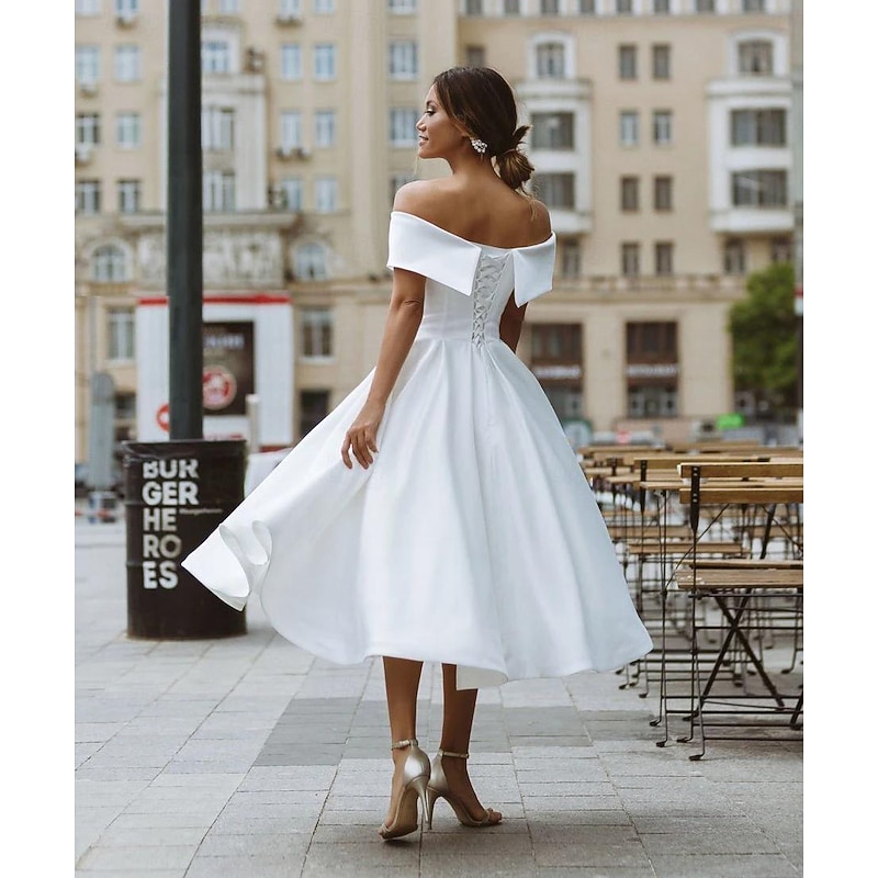 Simple Wedding Dresses Satin Little White Dresses A-Line Off Shoulder Formal Short Sleeve Tea Length Bridal Gowns With Solid Color dress to impress2