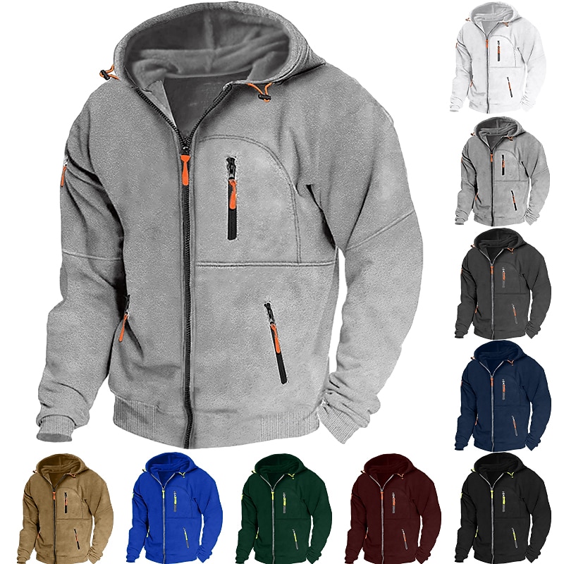 Men's Hoodie Full Zip Hoodie Fleece Hoodie Black White Wine Navy Blue Royal Blue Hooded Plain Zipper Pocket Sports & Outdoor Daily Holiday Polyester Streetwear Cool Casual Spring &  Fall Clothing