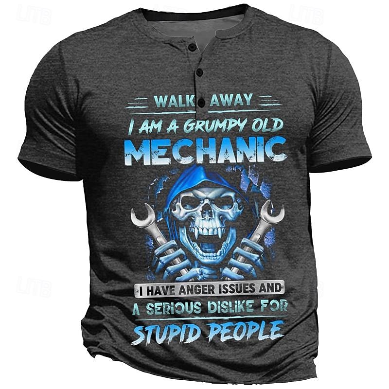 Grumpy Mechanic Skulls Men's Punk Style 3D Printed Henley T shirt Tee Street Holiday Going out T shirt Army Green Dark Blue Dark Gray Short Sleeve Henley Shirt Spring & Summer4
