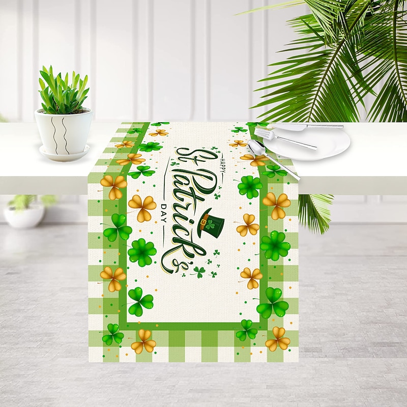 Green Lucky Shamrock St. Patrick's Day Table Runner, Seasonal Spring Holiday Kitchen Dining Table Decoration For Indoor Outdoor Home Party Decor
