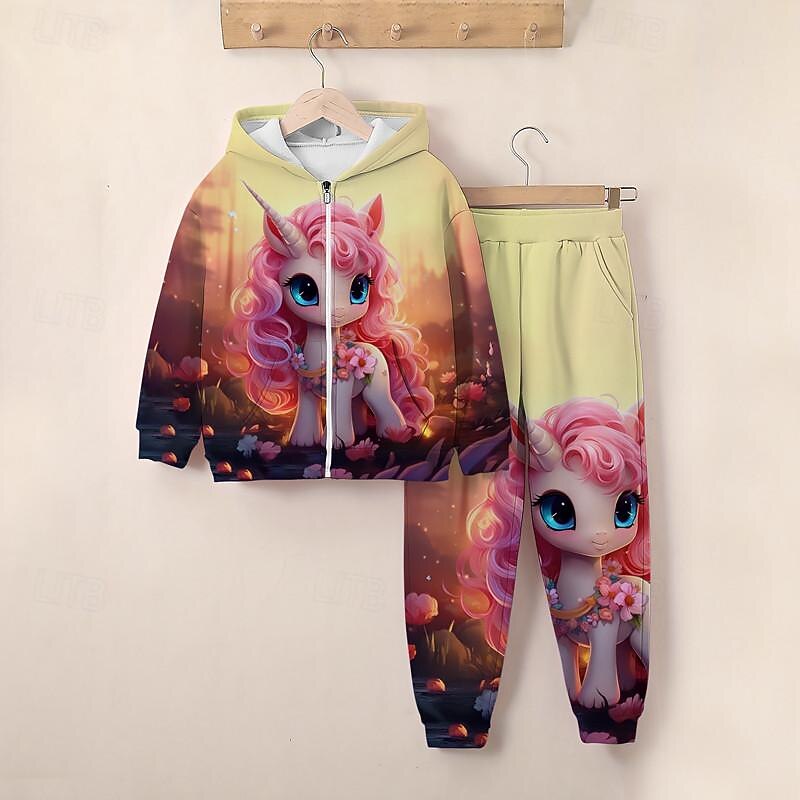 Girls' 3D Unicorn Hoodie & Sweatpants Set Long Sleeve 3D Printing Spring Fall Active Fashion Cute Polyester Kids 3-12 Years Zip Hooded Outdoor Street Regular Fit3