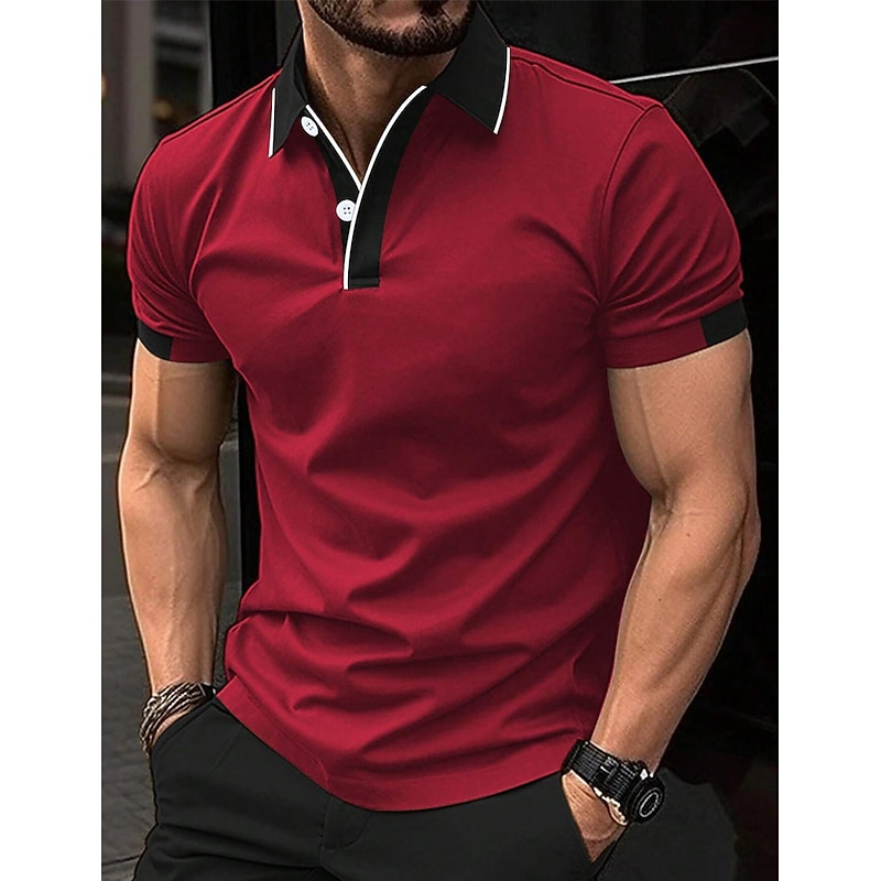 Men's Polo Shirt Button Up Polos Casual Sports Lapel Short Sleeve Fashion Basic Color Block Patchwork Summer Regular Fit Black Red Sky Blue Brown Polo Shirt
