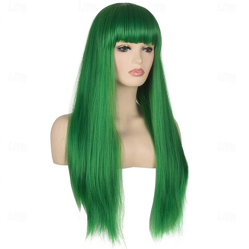 Women's 26 Long Straight Green Synthetic Resistant Hair Wigs with Bangs Natural Looking Wig for Women Halloween Cosplay St.Patrick's Day Wigs2