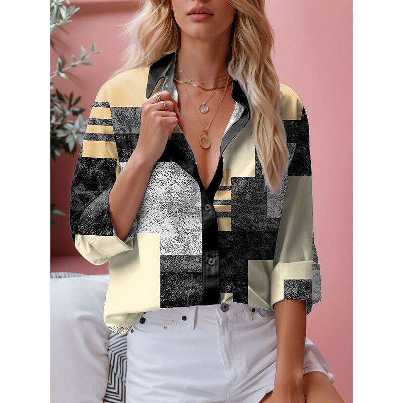Women's Shirt Button Down Tunic Shirt Collar Long Sleeve Fashion Color Block s Print Regular Tops Casual Yellow Pink Blue Spring & Fall4