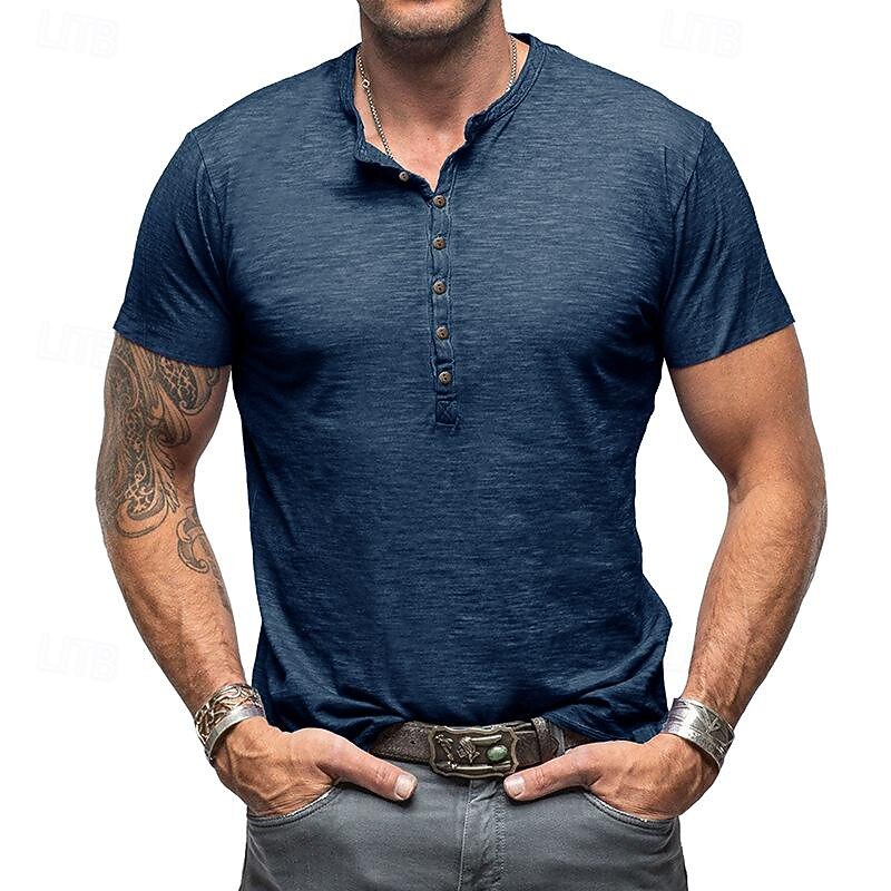 Men's Button T Shirt T Shirt Henley Shirt Tee Short Sleeve Henley Spring & Summer Plain Fashion Designer Basic Vacation Street Going out Almond Black White Top Tee for Men3