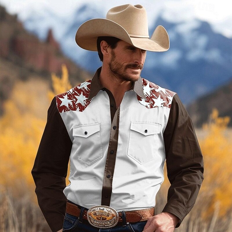 Men's Pentagram Western Shirt Button Up Shirt Cowboy Shirt Long Sleeve Vintage Western Style Daily Wear Winter Spring &  Fall Turndown Collared Shirts 3D Print Front Pocket Black White Navy Blue Khaki4