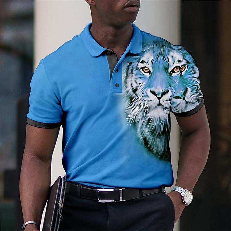Men's Tiger Polo Shirts Golf Shirt Short Sleeve Polo Shirts Collared Shirts Casual Funny Streetwear Vacation Wear Party Outfits Buttons 3D Print Blue-Green Red Blue