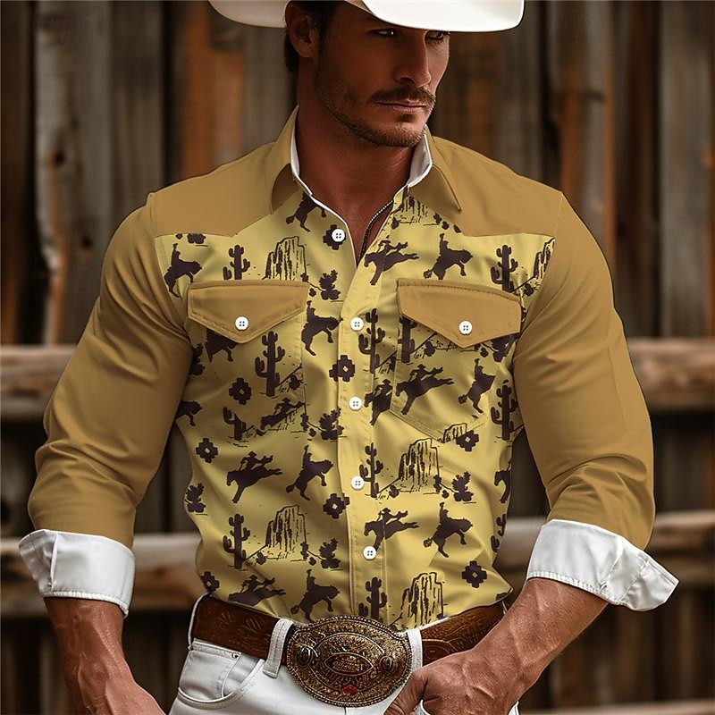 Men's Cowboy Western Shirt Button Up Shirt Cowboy Shirt Long Sleeve Vintage Western Style Daily Wear Weekend Spring Fall Winter Turndown Collared Shirts 3D Print Front Pocket Blue Brown Khaki